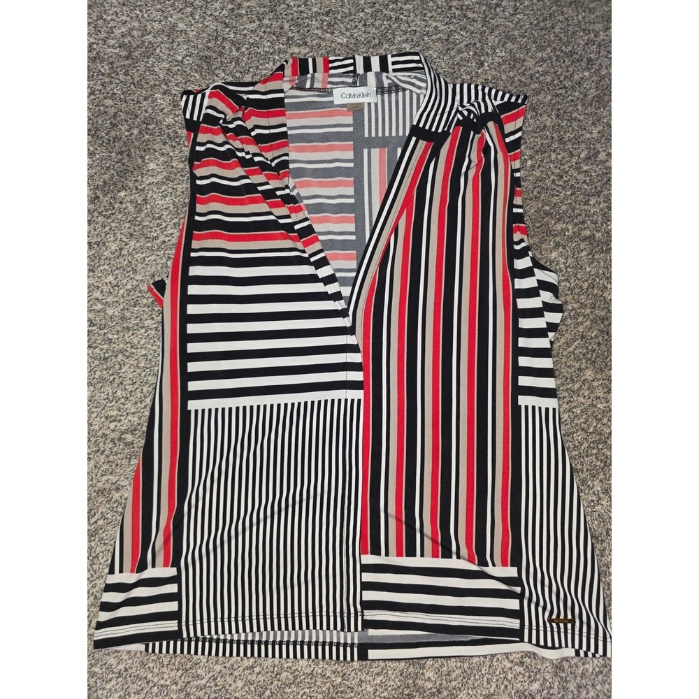 Calvin Klein Women Large Sleeveless V-Neck Striped Blouse Black Red Geometric